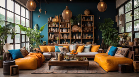 Interior of cozy living room with orange sofa, coffee table and armchairsの素材