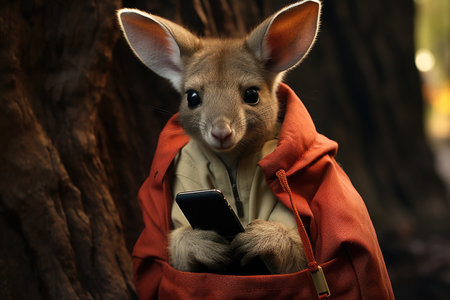 Cute kangaroo in a red jacket with a mobile phoneの素材