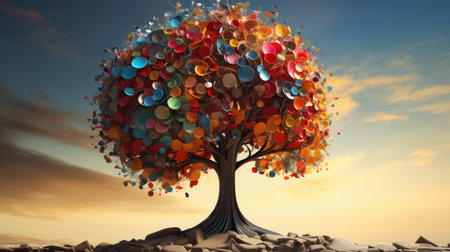 a tree with colorful balloons in the shape of a heartの素材