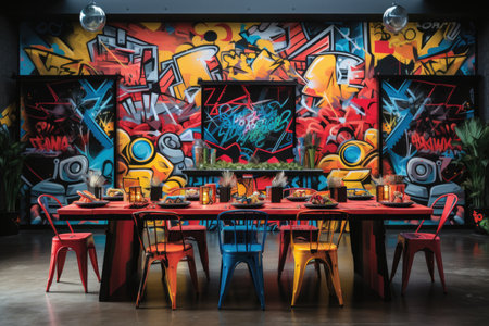 Interior of a restaurant with graffiti on the walls. Modern designの素材
