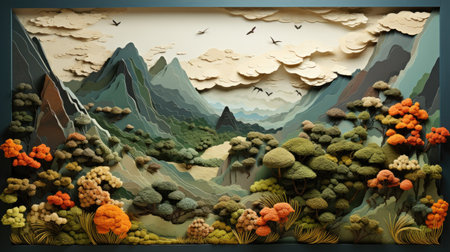 Fantasy landscape with mountains, trees and flowers.の素材