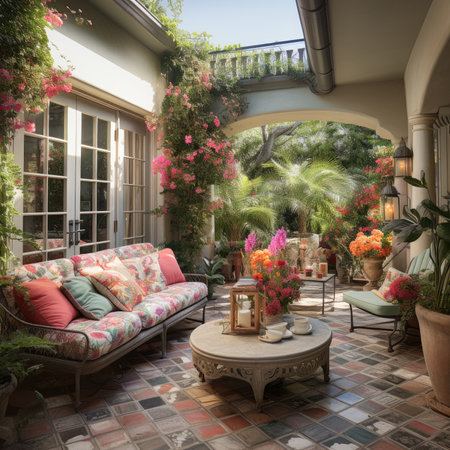 Beautiful terrace in a luxury villa with flowers and plantsの素材