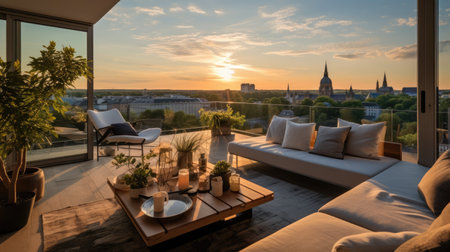 Modern living room with terrace overlooking the city at sunset. Nobody insideの素材
