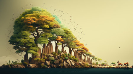 Fantasy island in the sea with tree and birds.の素材