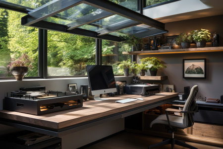 Interior of a modern office with a wooden desk and a computerの素材