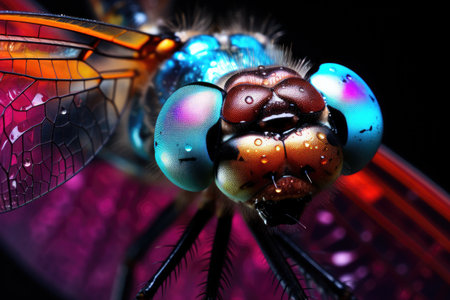 Macro of a dragonfly on black background. Close-upの素材