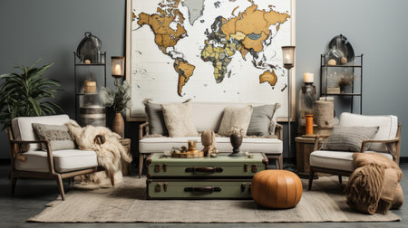 Cozy living room interior with sofa, coffee table, pillows and vintage mapの素材