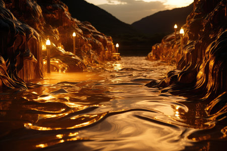 Candle light in the water of the river at sunsetの素材