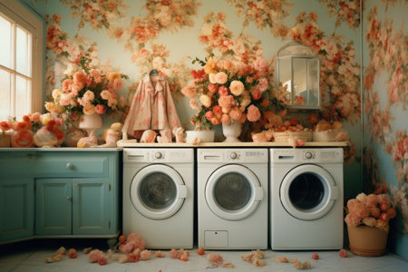 Laundry room interior with washing machines and flowers in retro styleの素材