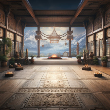 Ancient Chinese interior with fireplace and wood floor.の素材