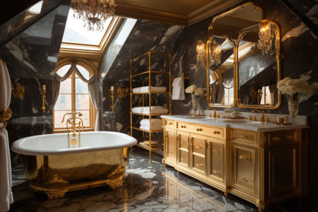 Luxury bathroom with gold and black marble walls and floor.の素材