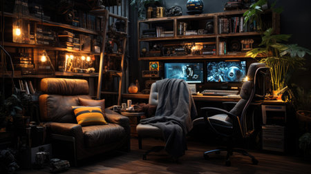 Comfortable living room with sofa, armchair, computer, lamp and bookshelf at nightの素材