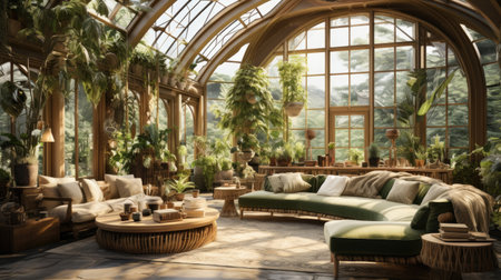 a beautiful tropical garden with plants and a sofaの素材