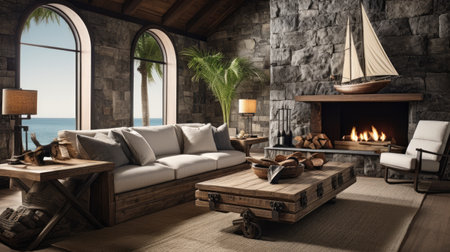 Cozy living room interior with fireplace, sofa, armchair and wooden table.の素材