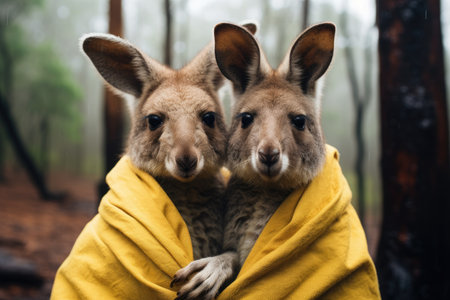 Two kangaroos wrapped in a yellow blanket in the forestの素材