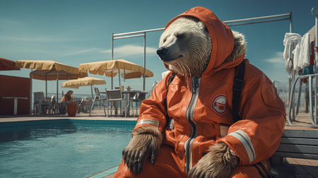 Polar bear in an orange raincoat sits by the pool.の素材