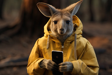 Kangaroo in a yellow raincoat holding a mobile phone.の素材
