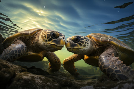 Two sea turtles swimming in the ocean at sunset.の素材