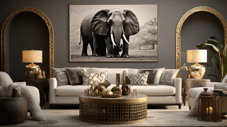 a modern living room interior with an elephant pictureの素材