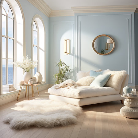 interior of living room with blue wall and white sofaの素材