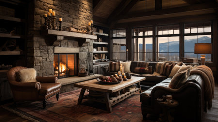 Interior of a cozy living room with fireplace and armchairs.の素材