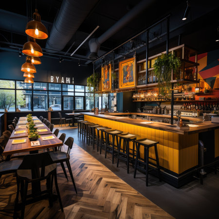Interior of a modern pub with wooden tables and chairs.の素材