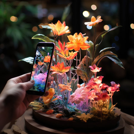 Taking photo of flowers with smart phone at coffee shopの素材