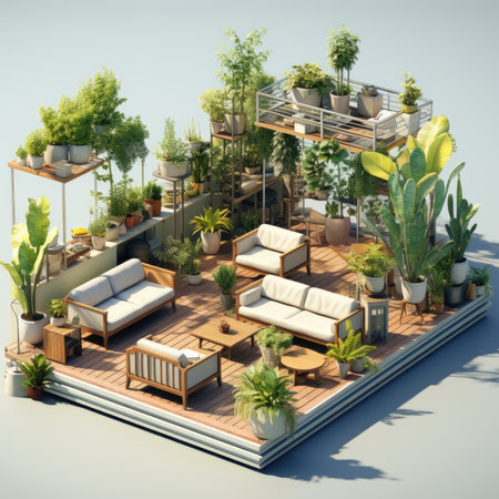 Interior of a modern terrace with furniture and plants.の素材