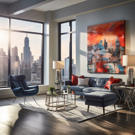 Interior of modern living room with panoramic window and city viewの素材