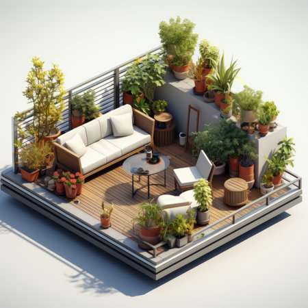 Top view of the terrace with furniture and plants.の素材