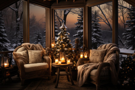 Cozy living room interior with Christmas tree, fireplace and armchairs. Winter evening.の素材