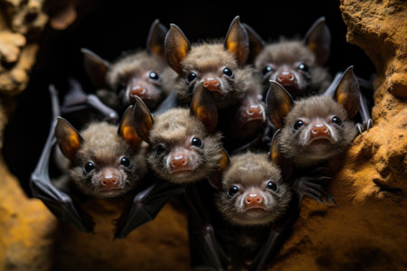 Closeup of a group of baby bats in a cave. Selective focus.の素材