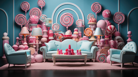 a childrens room with a blue sofa, a blue armchair and a pink candy barの素材