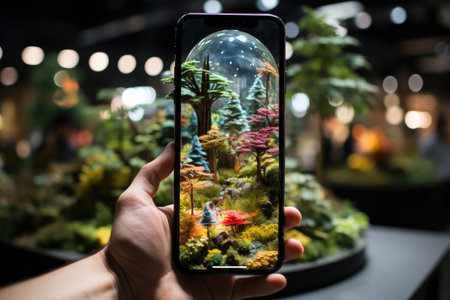 Smartphone in the hands of a man taking pictures of the beautiful gardenの素材