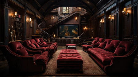 a night club interior with red leather seats and a movie projectorの素材