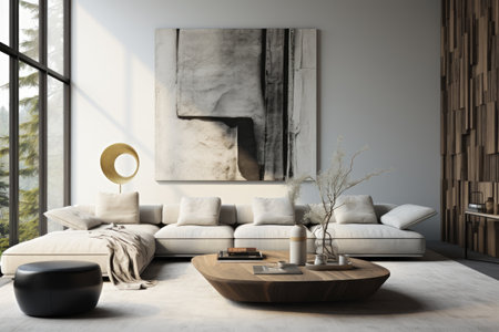 Interior of modern living room with white walls, concrete floor, comfortable white sofa standing near round coffee table and plant in vase.の素材