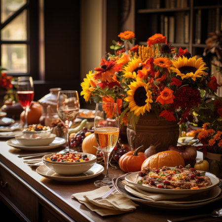 Autumn table setting with pumpkins, berries and wine. Thanksgiving dinnerの素材