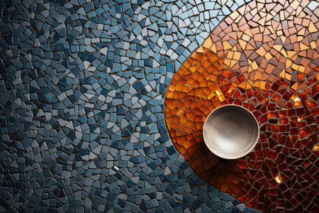 Mosaic mosaic wall with metal bowl and candle light.の素材