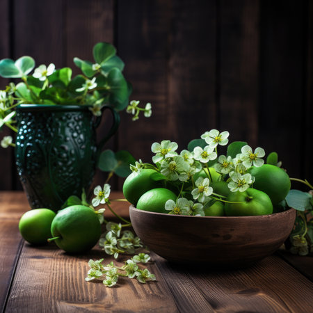 Green apples and flowers in a bowl on a wooden background. Selective focus.の素材