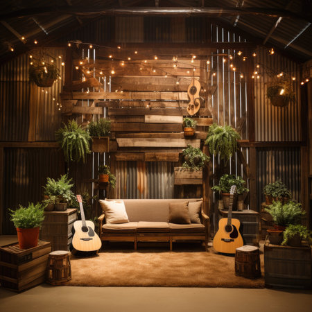 Wooden house interior with a sofa, guitar and flower pots.の素材