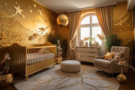 a children's room with a crib and a rocking chairの素材