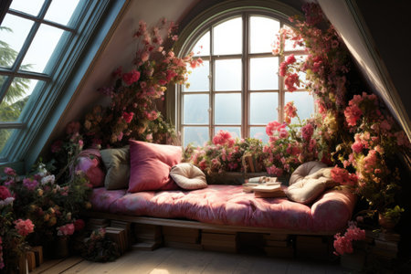 Interior of a room with pink sofa and flowers on the windowsillの素材