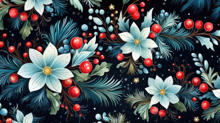 pattern with winter flowers and berries.の素材
