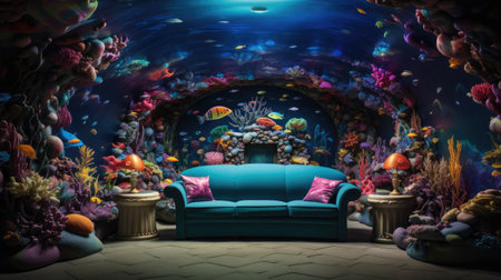 Fantasy underwater world with a blue sofa.の素材
