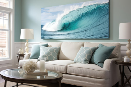 Modern living room interior with sea wave on the wall.の素材