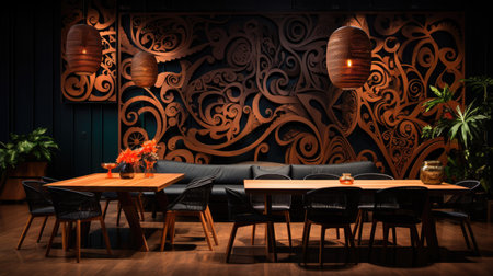 Interior of a luxury restaurant with wooden walls and dark wooden floorの素材