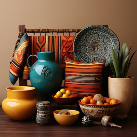 Still life with ceramic kitchenware and kitchen utensils on wooden tableの素材