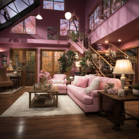 Interior of a luxury living room with a pink sofa and a fireplaceの素材
