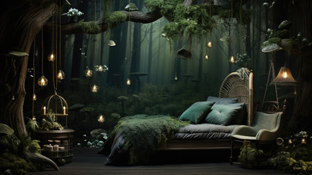 a fantasy forest with wooden furniture and light bulbsの素材