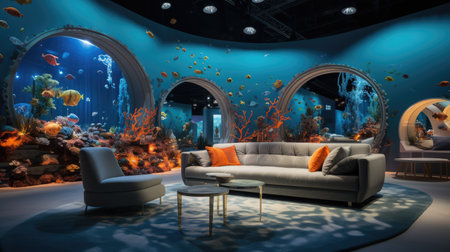 Interior of the aquarium with a sofa and an armchair.の素材